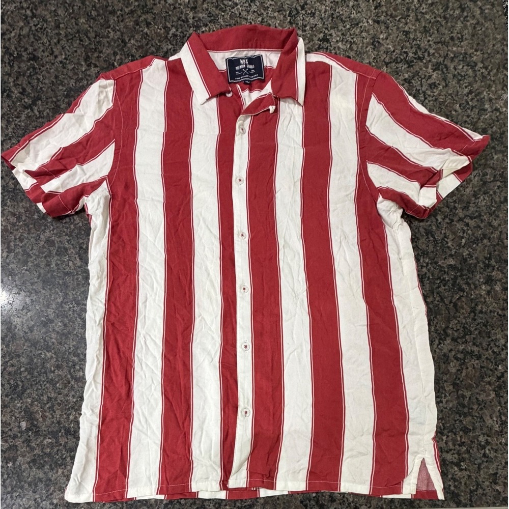 MBX Premium Goods Mens Red White Vertical Stripe Short Sleeve Viscose Shirt M